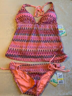 Hobie Pink Multicolor Wavy Tankini with Coral Tie Bikini Bottoms